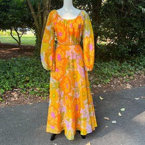Vintage Coco California Floral Balloon Sleeve Maxi Dress 1970s